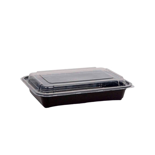 32oz Black Base Rectangle 2 comparment Plastic Container | 150 Pieces