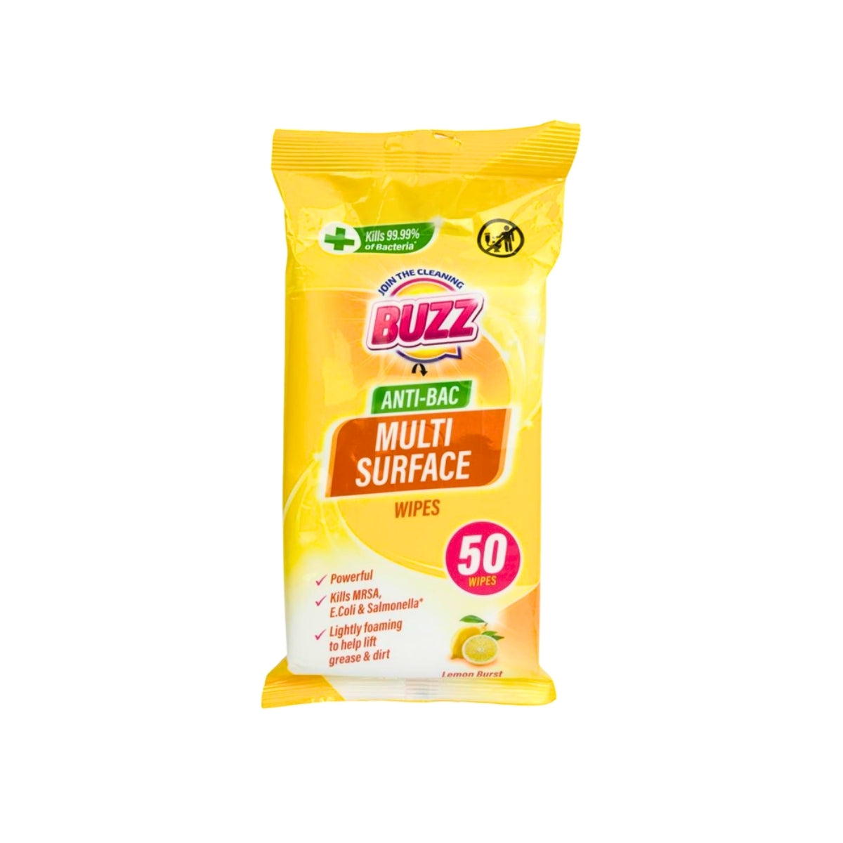 Buzz Multi Surface Antibacterial Wipes 50pk Lemon