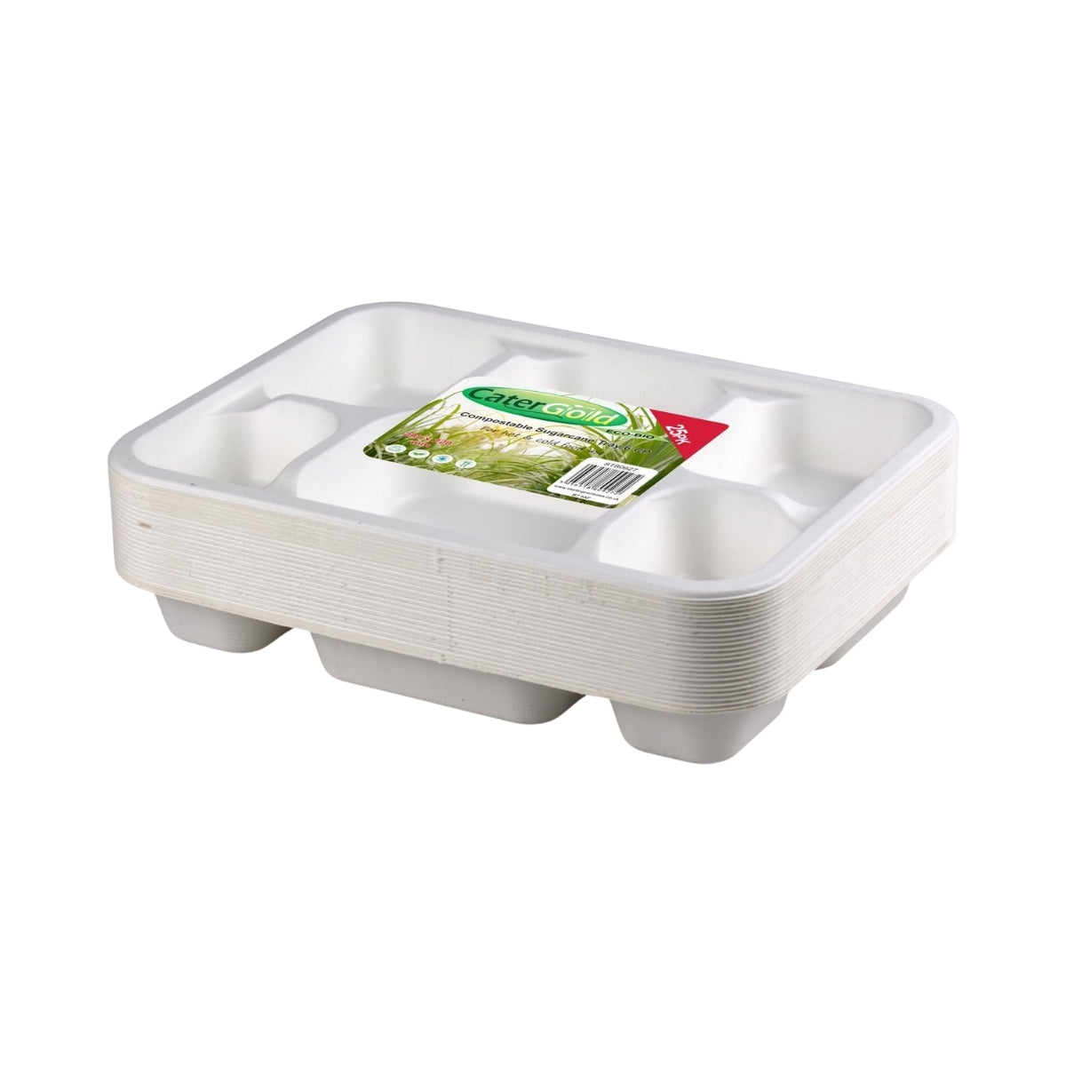 Catergold Sturdy Disposable Bagasse Paper 6 Compartment Trays 28cm x 21cm 25pk